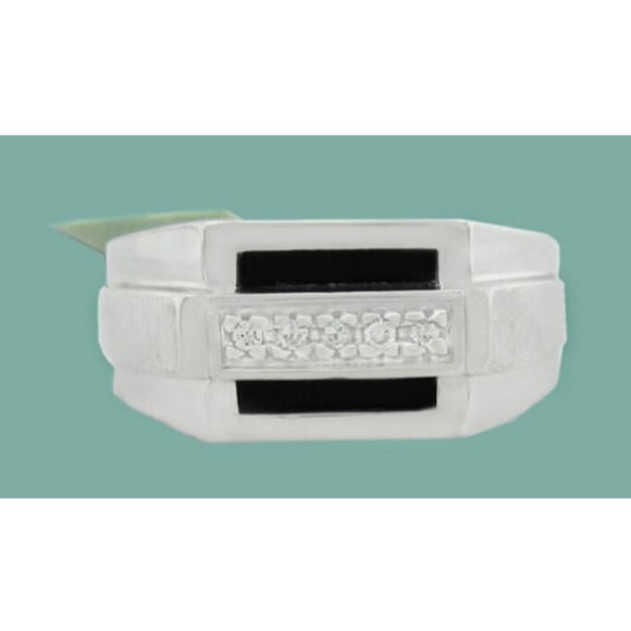 Genuine Black Onyx & Diamonds Men's Ring 14k White Gold